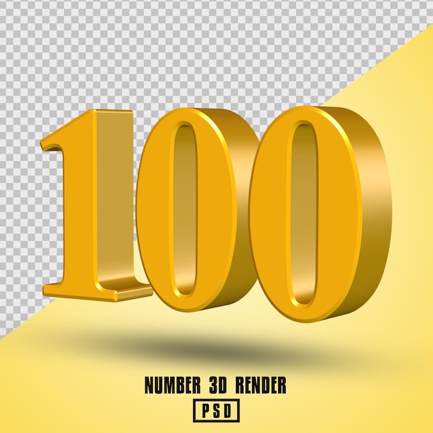 number 100 3d render yellow gold color