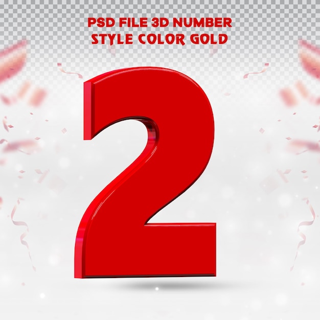 number 2 3d render collection with color red