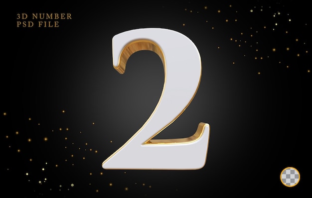 Number 2 with golden style 3d rendering