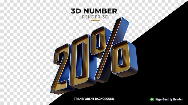 Number 20 percent 3d blue and fine gold texture realistic render