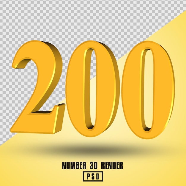 number 200 3d render yellow gold color