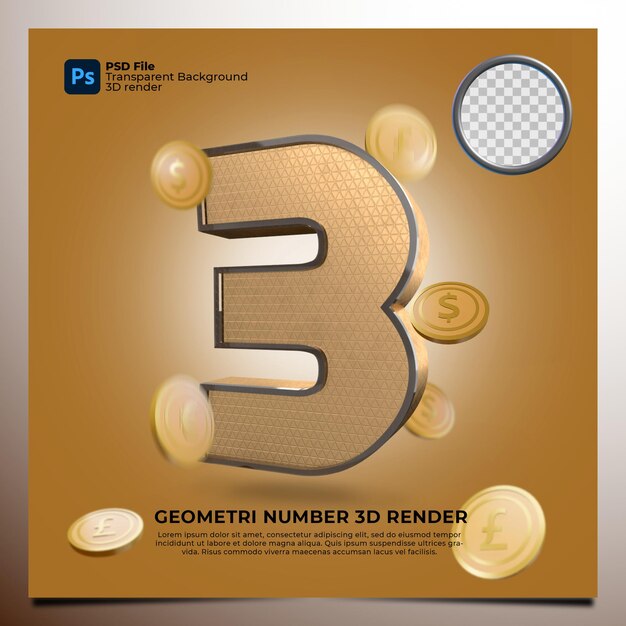 number 3 3d render with geometric gold style