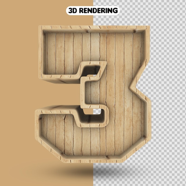 Number 3 3d render wood with realistic