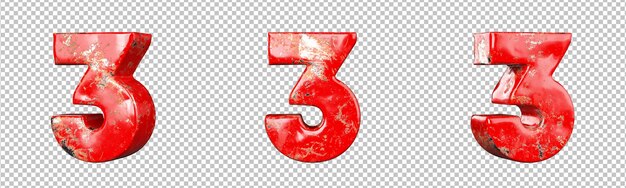 Number 3 (Three) from Red scratched metallic numbers collection set. Isolated. 3D Rendering