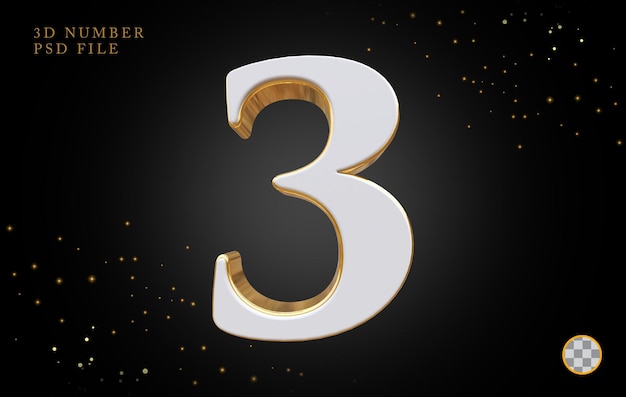 Number 3 with golden style 3d rendering