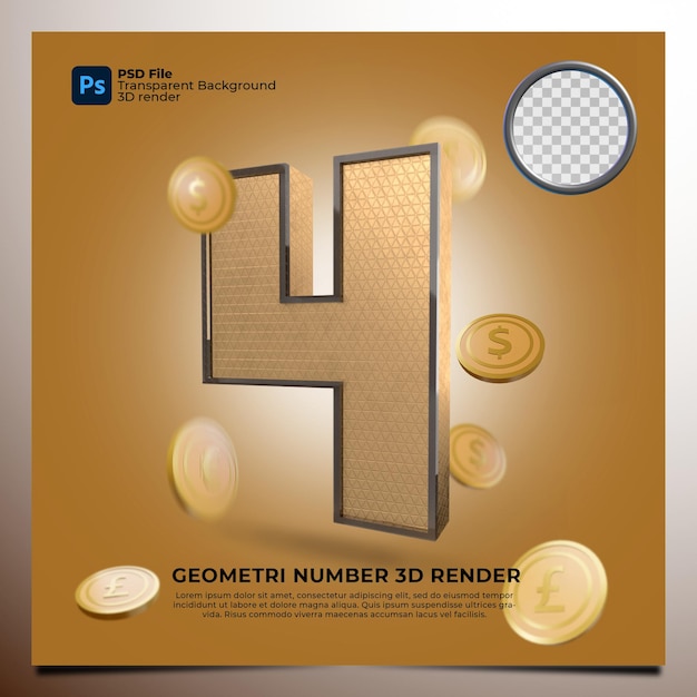 number 4 3d render with geometric gold style