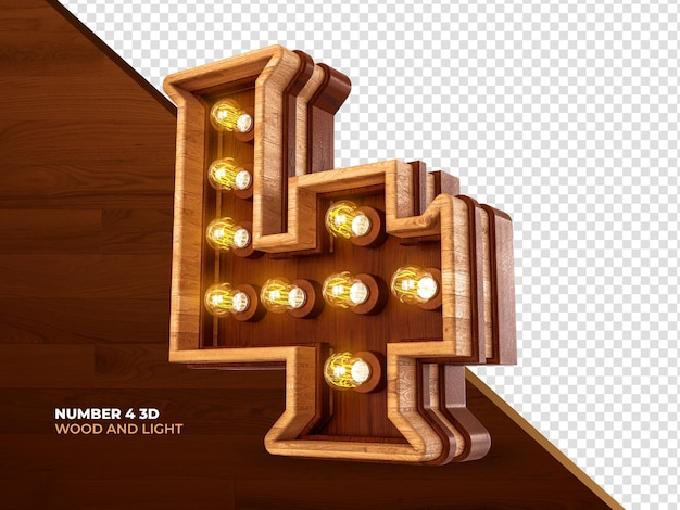 Number 4 3d render wood with realistic lights