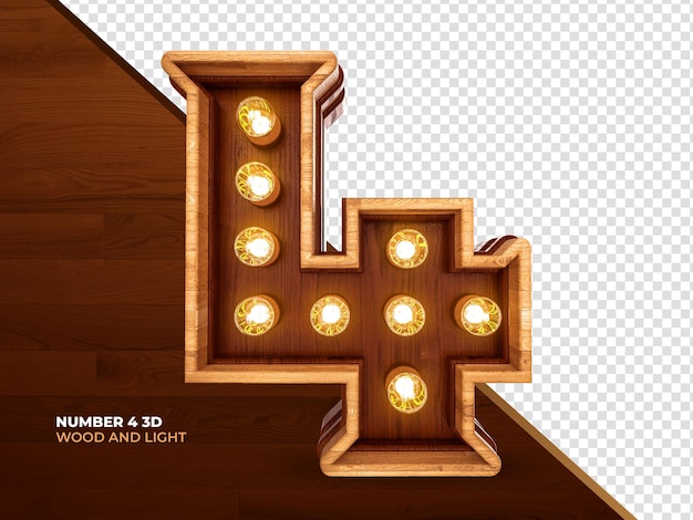 Number 4 3d render wood with realistic lights