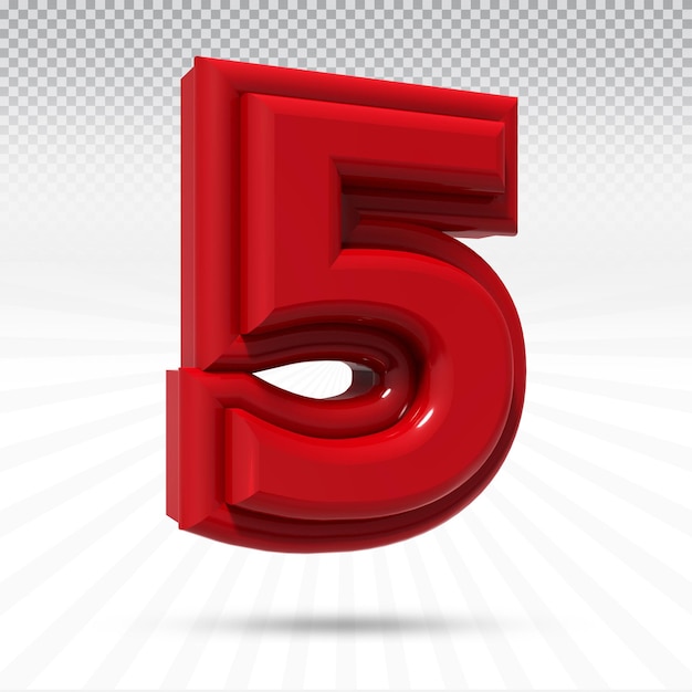 Number 5 3D render collection with color red left