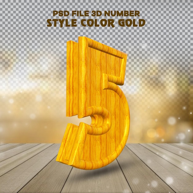 Number 5 3D render collection with color wood