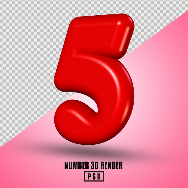 number 5 red color 3D render