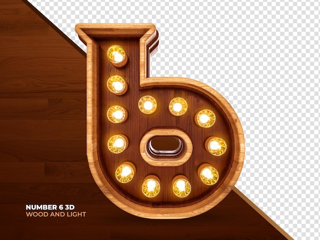 Number 6 3d render wood with realistic lights