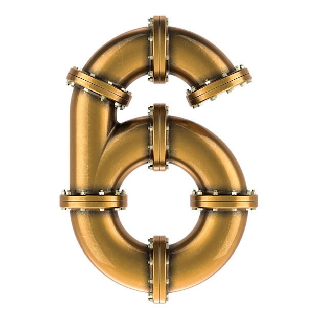 Number 6 from copper bronze or brass pipes 3D rendering isolated on transparent background