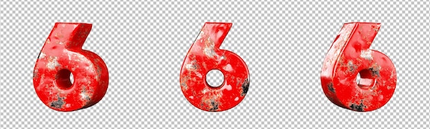 Number 6 (Six) from Red scratched metallic numbers collection set. Isolated. 3D Rendering