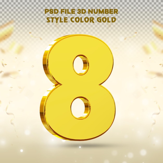 number 8 3d render collection with color gold