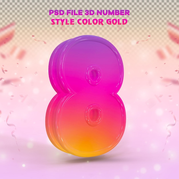 Number 8 3D render collection with style color Instagram