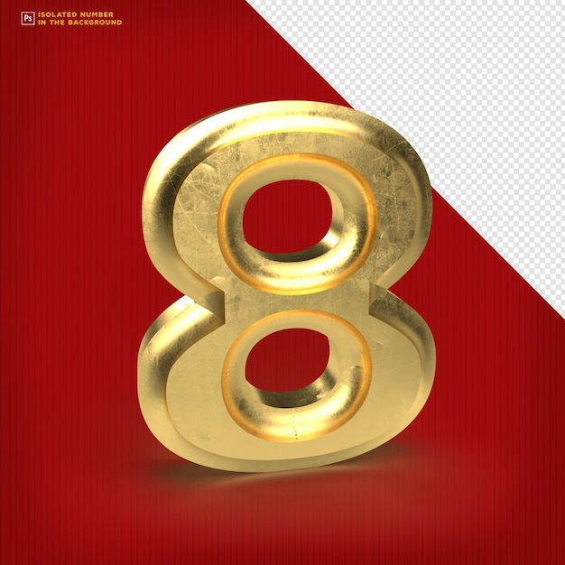 Number 8 3d render scratch gold Free Psd