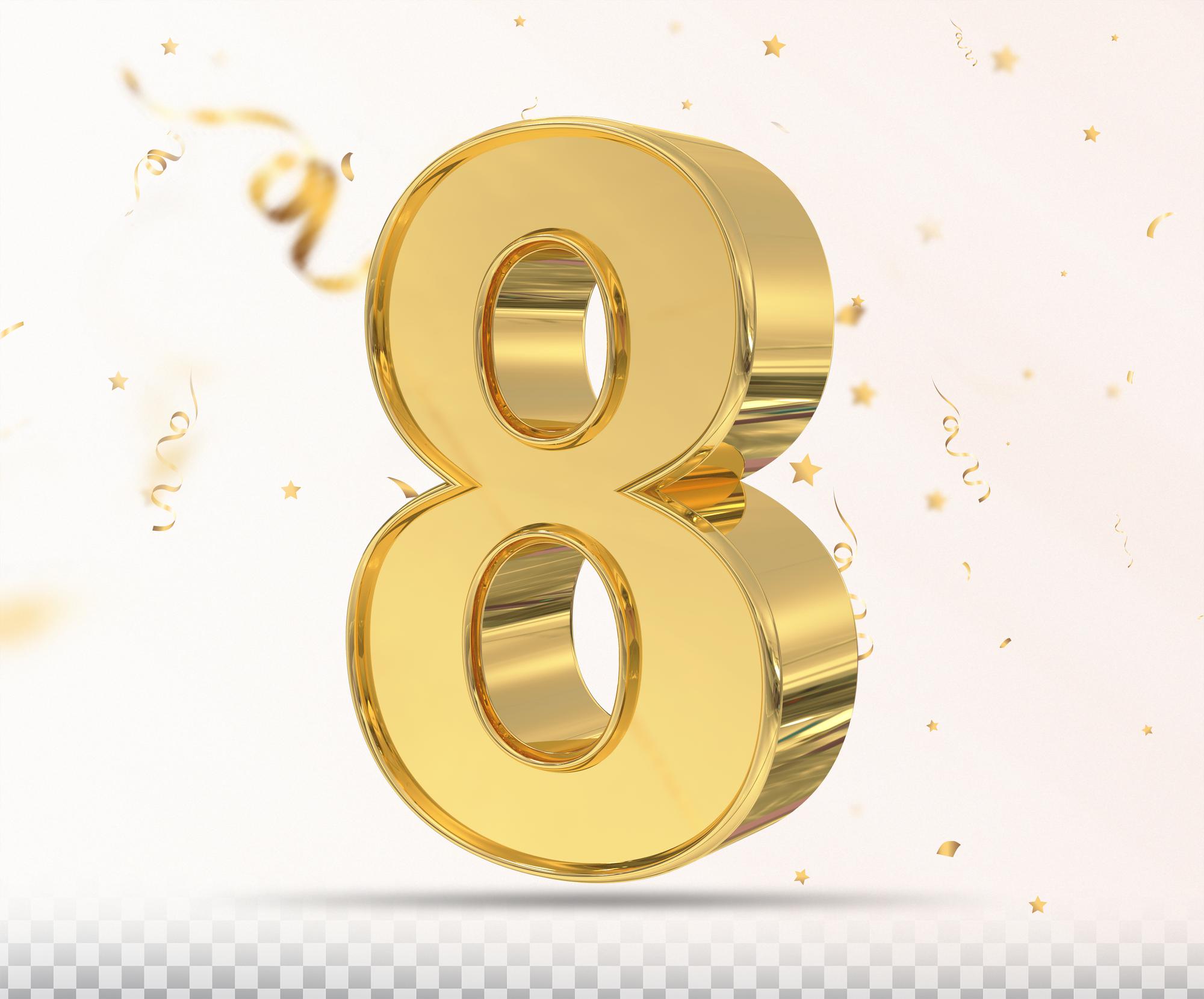 Number 8 3d render Style Golden luxury