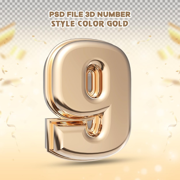 Number 9 3D render collection with color golden