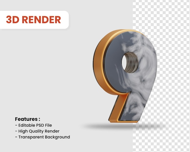 PSD number 9 3d render isolated with black white marble texture