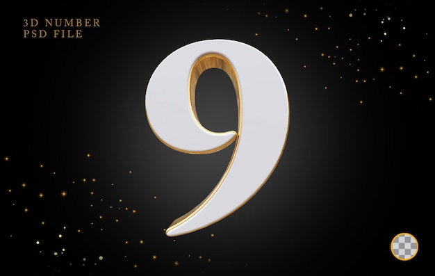 PSD number 9 with golden style 3d rendering