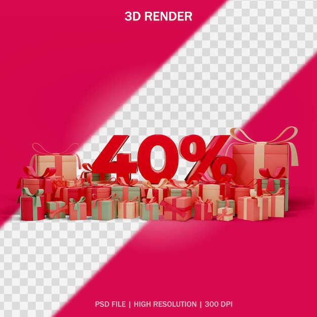 Number discount concept with around gifts and transparent background in 3d design