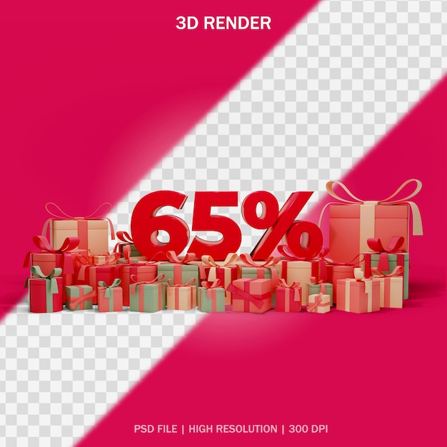 Number discount concept with around gifts and transparent background in 3d design