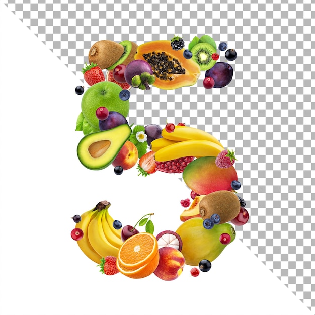 Number five made of exotic berries and fruits healthy food font symbol isolated on white background