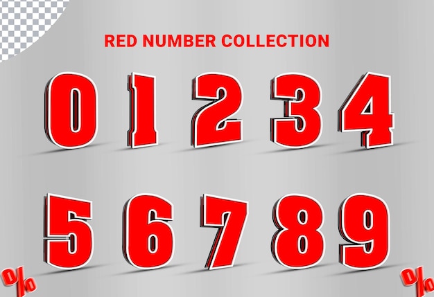 Number Set 0 to 9 3D collection with red style