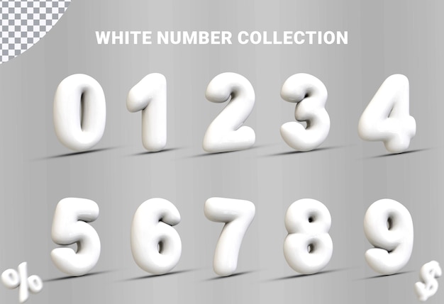 Number Set 0 to 9 3D collection with white style