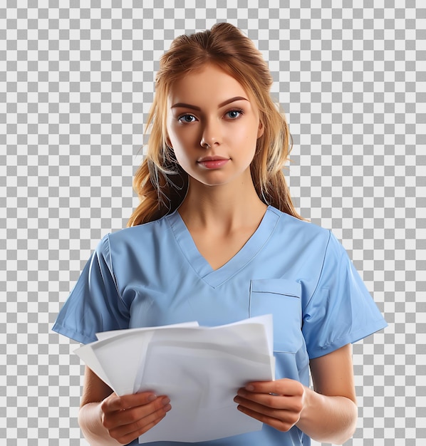 PSD nurse with documents in hands on isolated transparent background