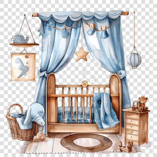 PSD nursery room in blue and brown colors watercolor nurseryon transparent background