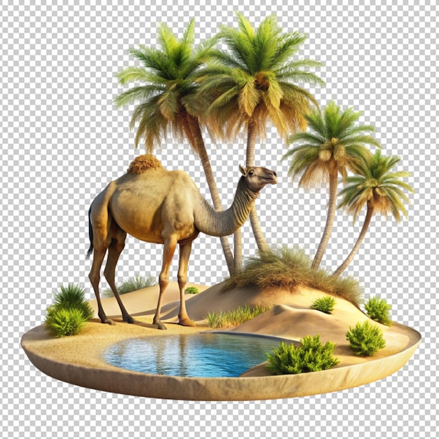 oasis in desert with camel and nature elements isolated on transparent background