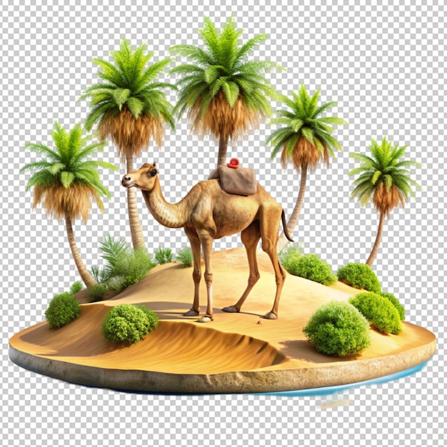 PSD oasis in desert with camel and nature elements isolated on transparent background