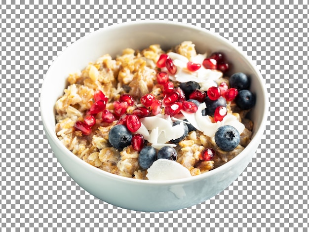 Oatmeal with blueberries and coconut on transparent background