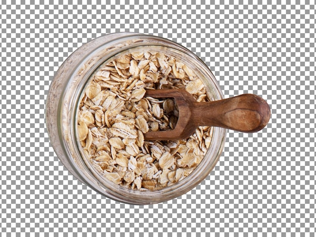 PSD oats in a jar with a wooden spoon on transparent background