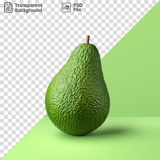 object isolated on a green background a green pear with a brown stem sits on a green table casting a dark shadow