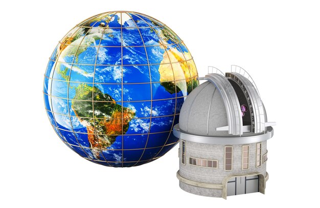 PSD observatory with earth globe 3d rendering isolated on transparent background