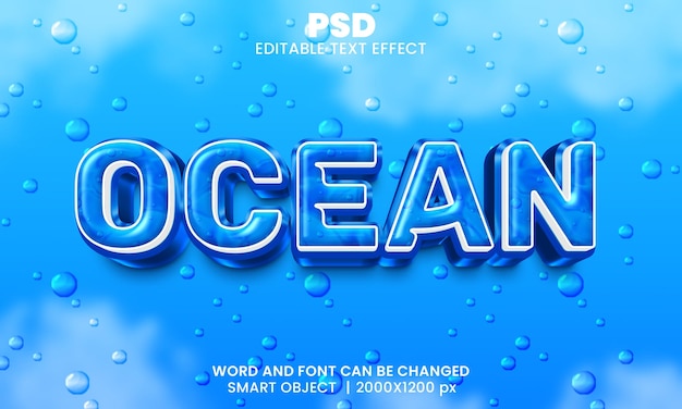 Ocean blue color 3d editable photoshop text effect style with background