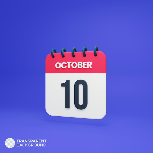 October Realistic Calendar Icon 3D Rendered October 10