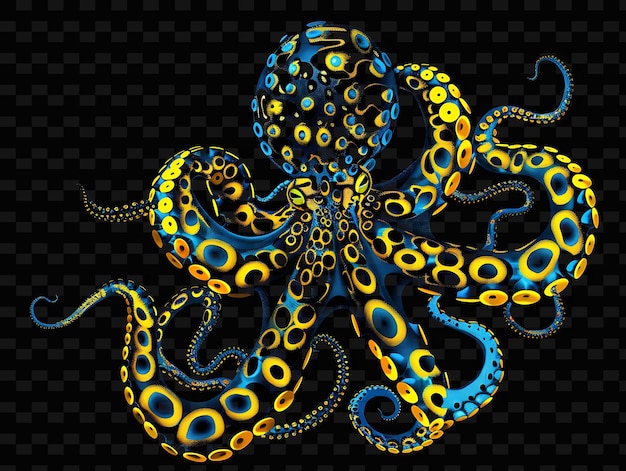 PSD octopus on a black background with a yellow and blue pattern