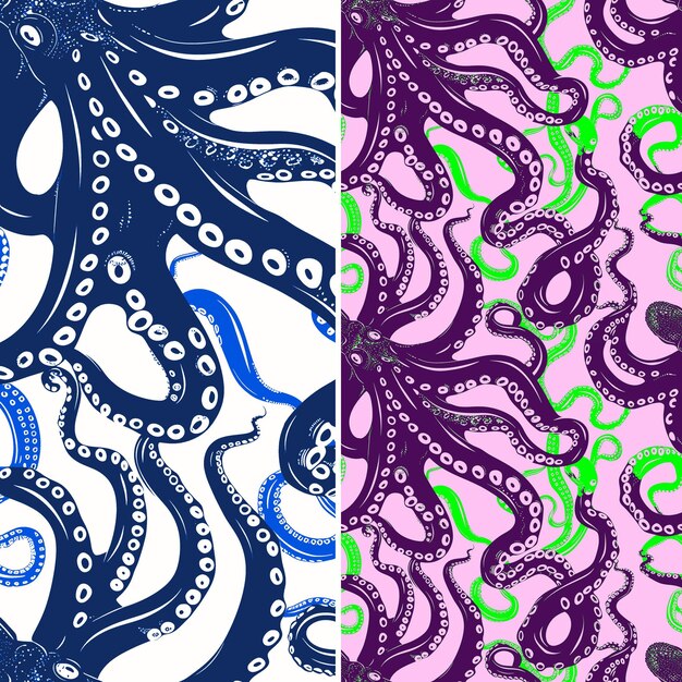 Octopus With Coral Silhouette Intertwined in a Complex Patte Nature Pattern Vector Designs