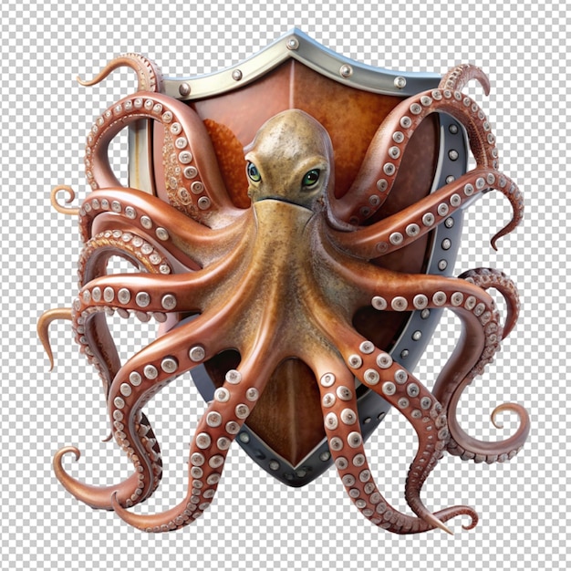 PSD octopus with metal shield isolated on transparent background