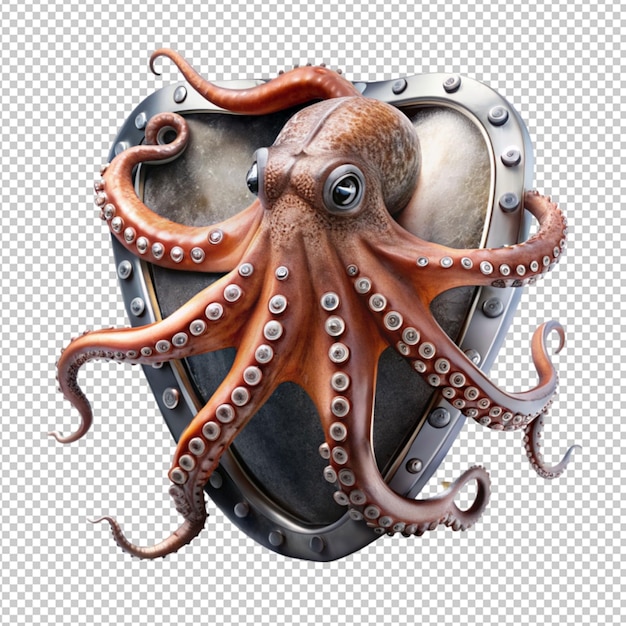 PSD octopus with metal shield isolated on transparent background