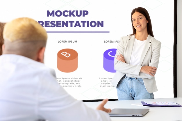 Office conference with people and screen mock-up