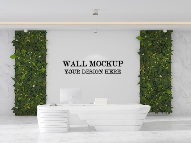 Office reception area wall mockup with futuristic reception desk