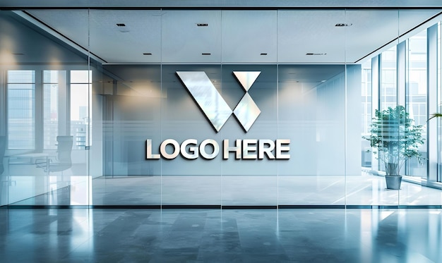 PSD office room glass metallic logo mockup for company