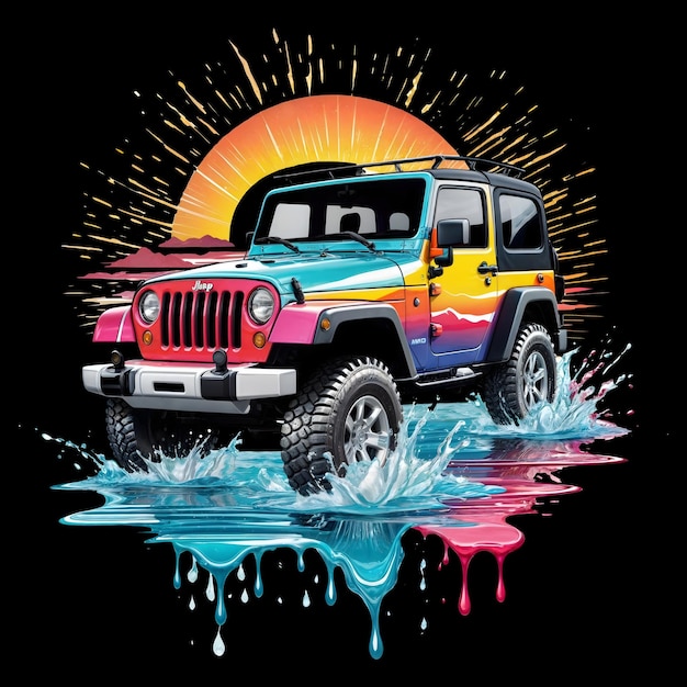 Offroad vehicle on a background of water splashes and sun off road vehicle offroad off road