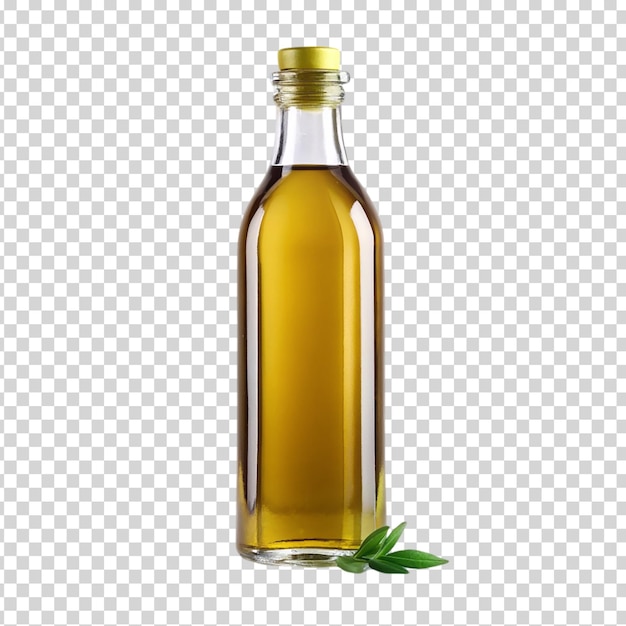 PSD oil bottle with green leaves and olives on transparent background