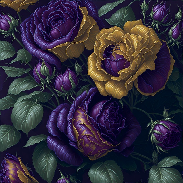 Oil painting of colorful winter roses and berries on a rich purple and gold background